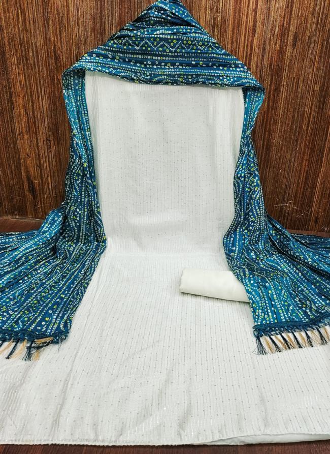 Chanderi White Blue Traditional Wear Croset Work Dress Material